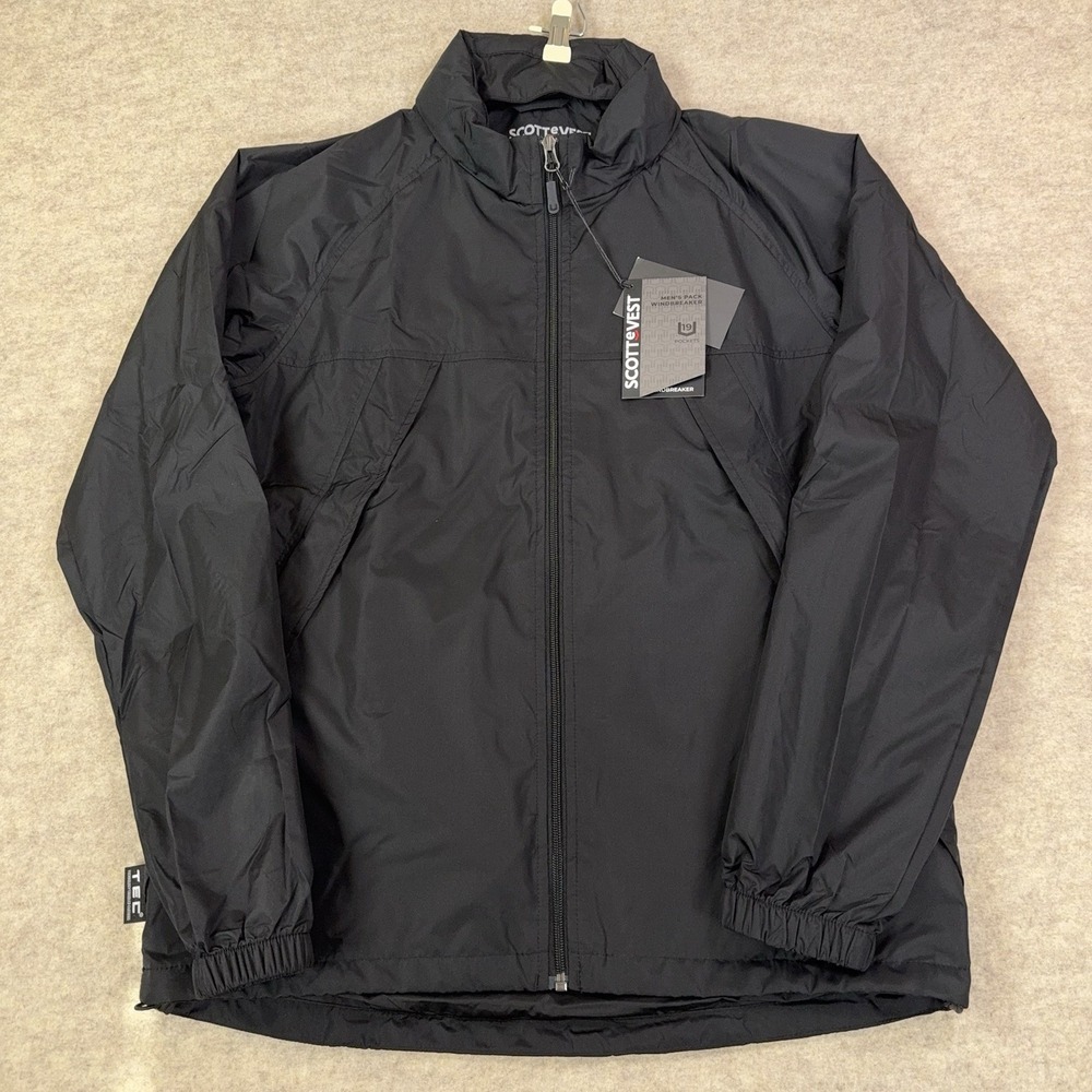 SCOTTeVEST TEC Pack Windbreaker Jacket Mens Medium Black Hooded Packable NWT